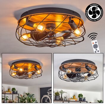 Tourais Plafoniera, Lampada con ventilatore LED Aspetto del legno, Nero, 4-Luci, Telecomando