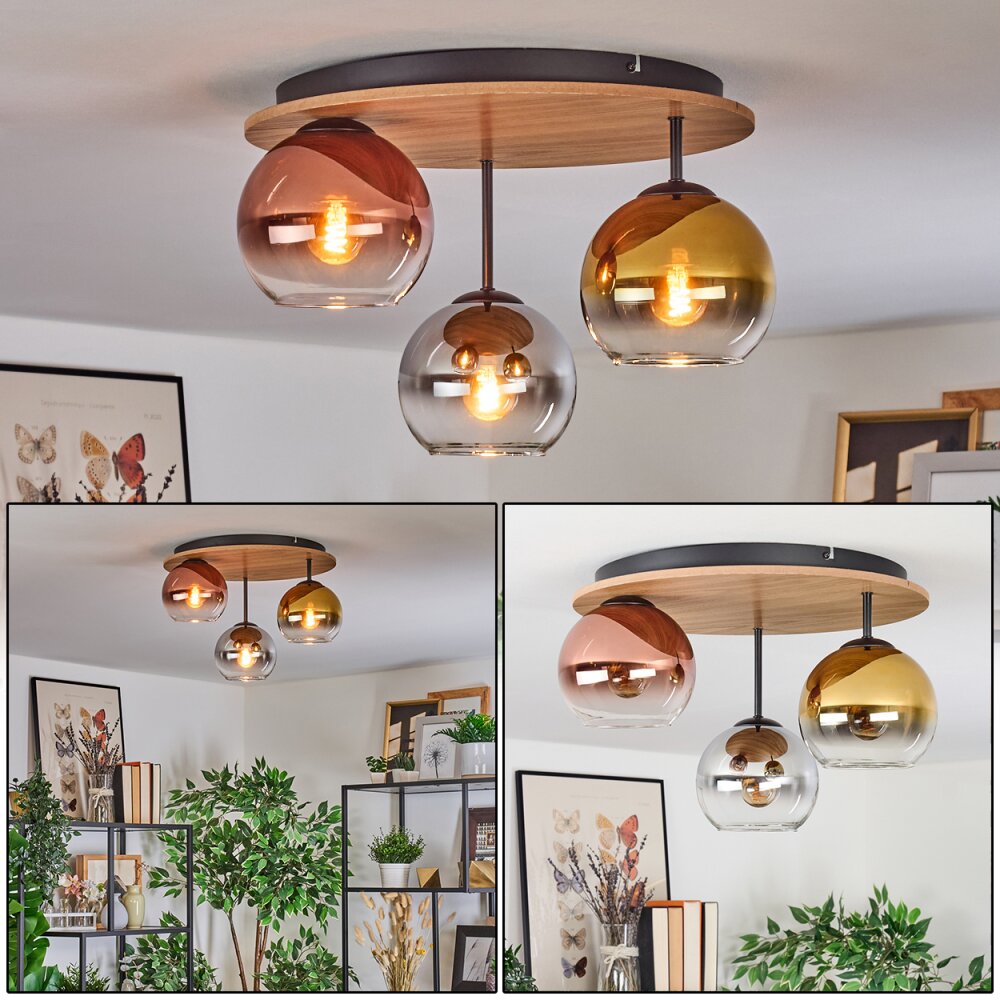 Koyoto Plafoniera, Lampada a sfera 40 cm Marrone, Aspetto del legno, Nero, 3-Luci main product photo