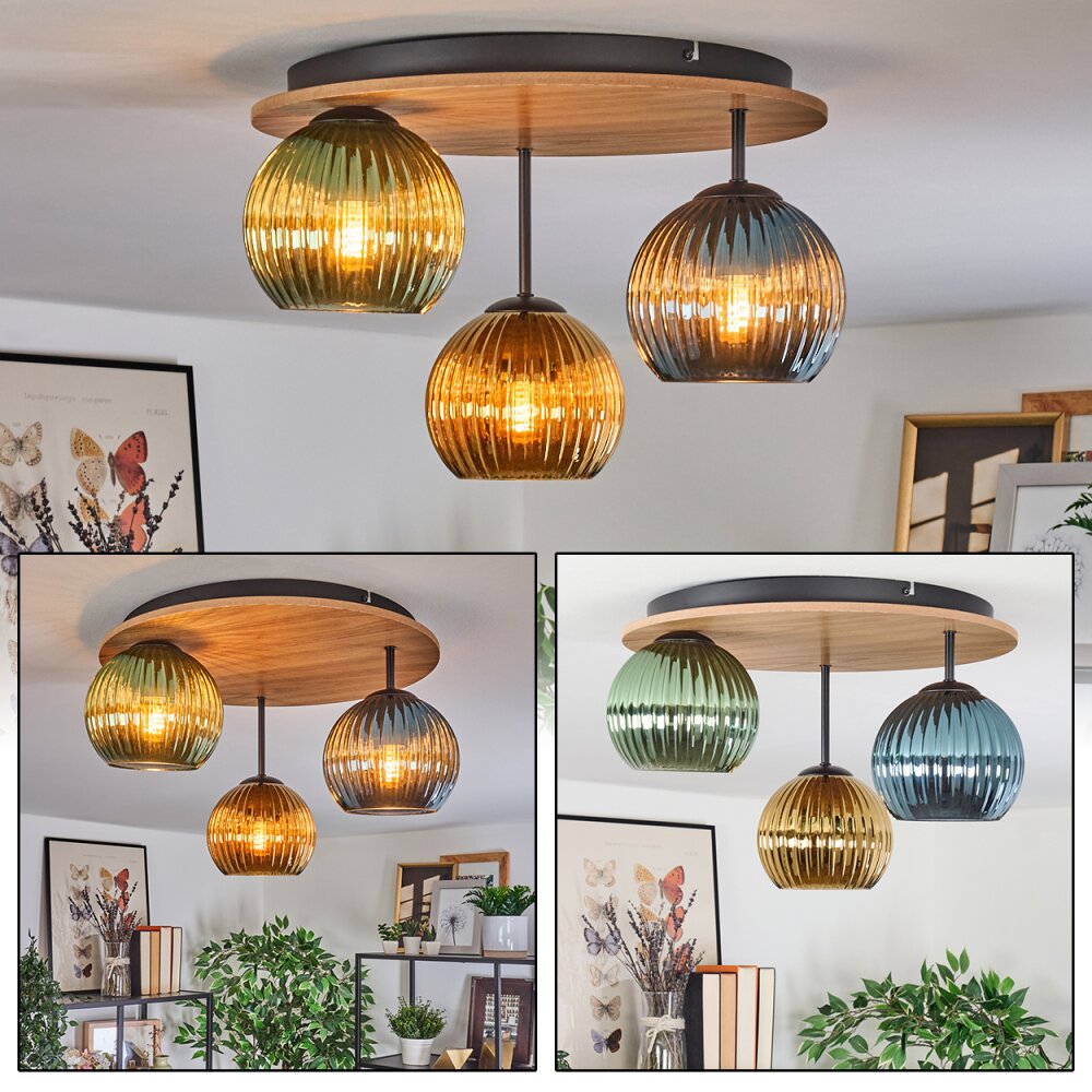 Koyoto Plafoniera, Lampada a sfera Marrone, Aspetto del legno, Nero, 3-Luci main product photo