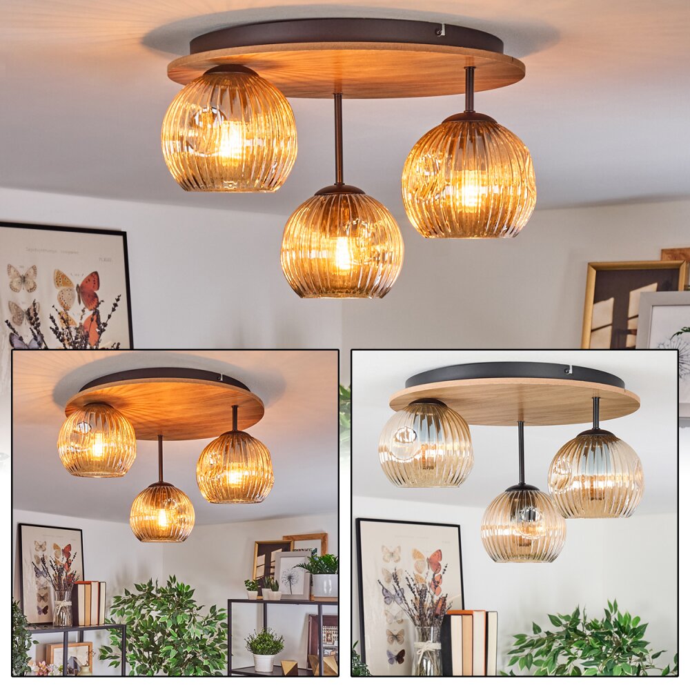 Ripoll Plafoniera, Lampada a sfera Marrone, Aspetto del legno, Nero, 3-Luci main product photo