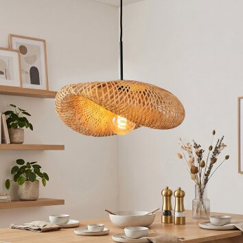 Lampadario a sospensione Bauro moderno con paralume ovale intrecciato in écru, lunghezza 50 cm