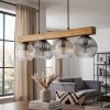 Lampadario a sospensione Ripoll, lunghezza 75 cm, trave in legno, 4 sfere rigate ambrate