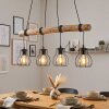 Lampada a sospensione Gondo, asta in legno, 4 luci, cavi avvolgibili sulla barra, 80 cm