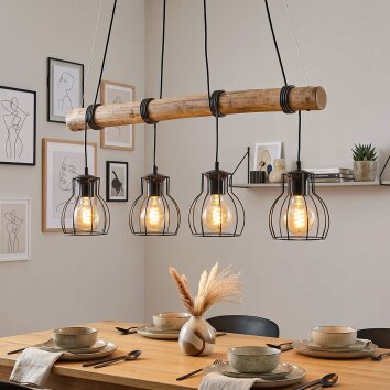 Lampada a sospensione Gondo, asta in legno, 4 luci, cavi avvolgibili sulla barra, 80 cm
