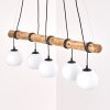 Lampada a sospensione con barra in legno Koyoto, cavi avvolgibili, 5 sfere bianche, E27