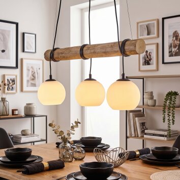 Lampadario a sospensione Koyoto con trave cilindrica in legno e tre sfere in vetro bianco