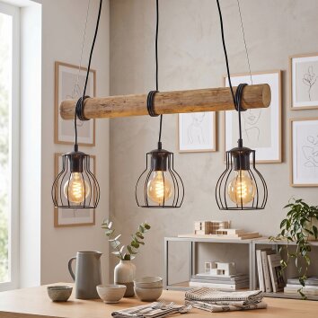 Lampada a sospensione Gondo, barra in legno e tre paralumi a gabbia, per tavolo da pranzo