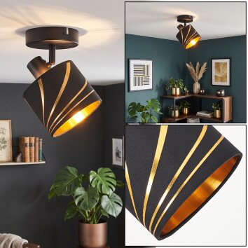 Faretto da soffitto Alsen con paralume rigato nero e oro per corridoio e ingresso