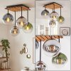 Plafoniera a sfere Gastor stile boho con doghe in legno e 4 schermi in vetro blu