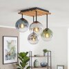 Plafoniera a sfere Gastor stile boho con doghe in legno e 4 schermi in vetro blu