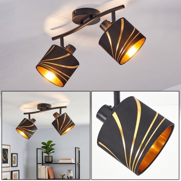 Faretto da soffitto Alsen vintage con due paralumi conici in tessuto nero e oro, orientabili