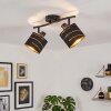 Faretto da soffitto Alsen con due schermi cilindrici in tessuto oro e nero orientabili