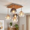 Plafoniera a sfere Koyoto Boho con 5 elementi in vetro scanalato e lamelle in legno