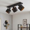 Faretto da soffitto moderno Alsen con 3 paralumi cilindrici neri e fasce dorate orientabili