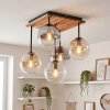 Lampada a sfere Gastor Boho con pannello lamellare in legno, 5 paralumi in vetro chiaro, E14