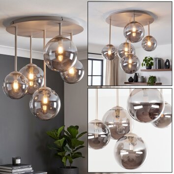 Plafoniera moderna Chehalis, 5 sfere in vetro grigio fumo, ø 12/15 cm