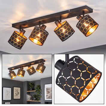 Faretto da soffitto Alsen moderno con 4 paralumi a nido d’ape oro e nero, E14