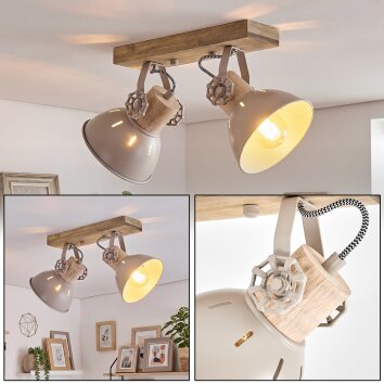 Plafoniera boho Orny con barra rettangolare in legno e due teste orientabili