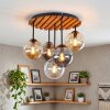 Plafoniera Gastor Boho con base a lamelle in legno e 5 sfere in vetro ambrato