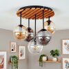 Plafoniera Gastor Boho con base a lamelle in legno e 5 sfere in vetro ambrato