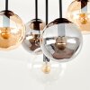 Plafoniera Gastor Boho con base a lamelle in legno e 5 sfere in vetro ambrato