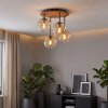 Plafoniera Gastor Boho con lamelle in legno e 4 sfere in vetro ambrato e chiaro
