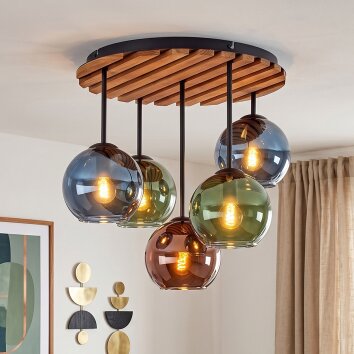 Plafoniera a sfere Koyoto con 5 schermi in vetro blu, verde e ramato, in stile Boho