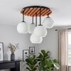 Plafoniera Boho Style Ripoll, 5 luci con paralumi sferici bianchi e lamelle in legno
