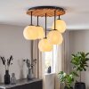 Plafoniera Boho Style Ripoll, 5 luci con paralumi sferici bianchi e lamelle in legno