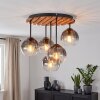 Plafoniera a sospensione Boho Koyoto con lamelle in legno e 5 sfere in vetro grigio fumo