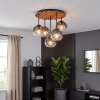 Plafoniera a sospensione Boho Koyoto con lamelle in legno e 5 sfere in vetro grigio fumo