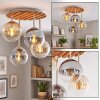 Plafoniera moderna Gastor con pannello a lamelle in legno, 4 sfere ambrate ø 15 cm