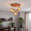 Plafoniera Boho Koyoto con lamelle in legno e 5 sfere in vetro ambrato e grigio fumo