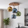 Plafoniera Koyoto, 4 paralumi in vetro blu, verdi e dorati in cluster, stile Boho