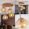 Plafoniera a 4 luci Koyoto con base a lamelle in legno, Boho sfere ambrate