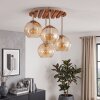 Plafoniera a 4 luci Koyoto con base a lamelle in legno, Boho sfere ambrate