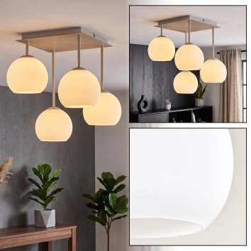 Plafoniera a 4 luci Koyoto a grappolo, vetro bianco, per il tavolo da pranzo