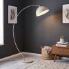 Lampada ad arco moderna Miranda, struttura curva color sabbia, paralume bianco