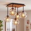 Lampadario Ripoll con struttura a lamelle in legno e 5 sfere in vetro ambrato