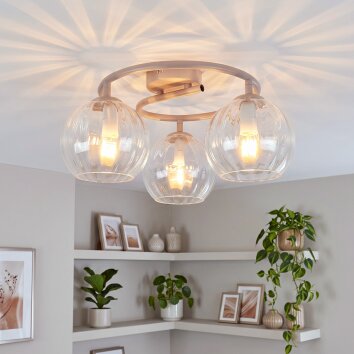 Plafoniera a sfere moderna Koyoto, struttura circolare color sabbia, effetto sul soffitto