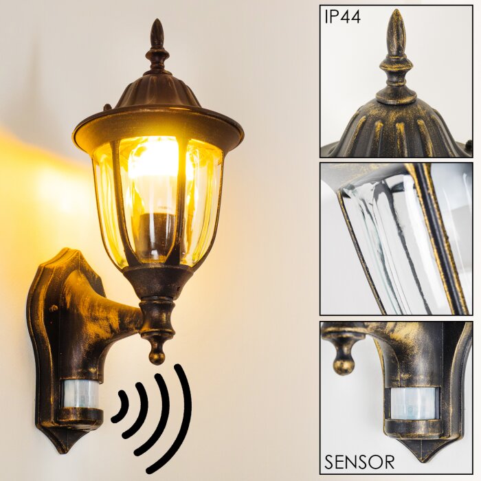Ribadeo Applique da esterno Nero-Oro, 1-Luce, Sensori di movimento